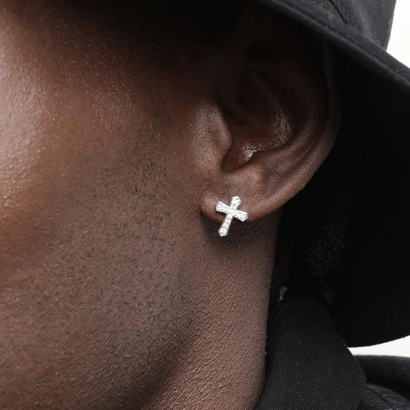 Luxury Rhinestones Cross Earrings Personality Pair Stainless Steel Stud