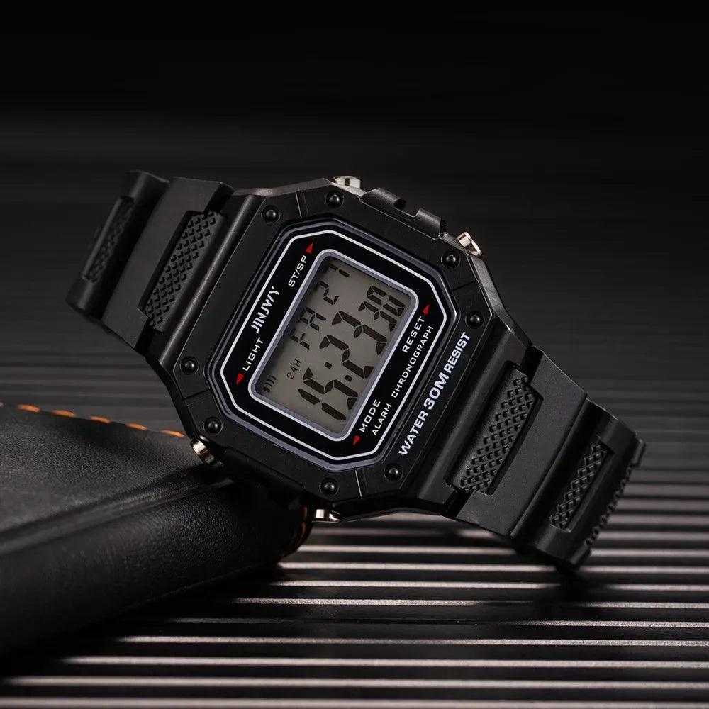 Stylish sporty digital watch with water resistance that displays day and date