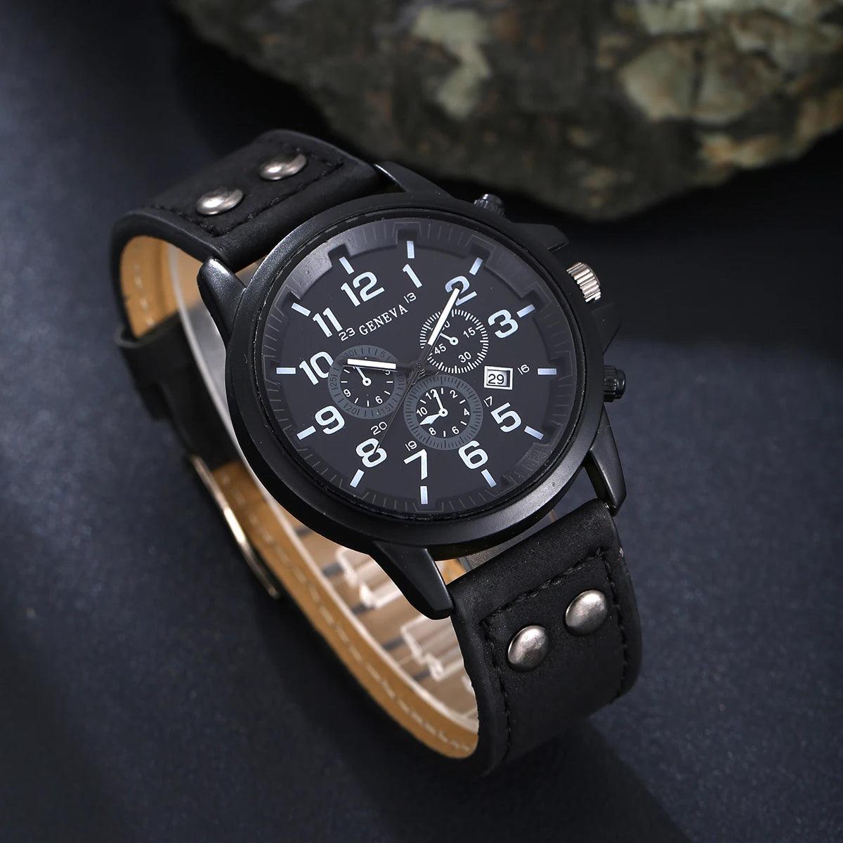 New Men's Fashion Business Belt Calendar Quartz Watch+4 Bracelets