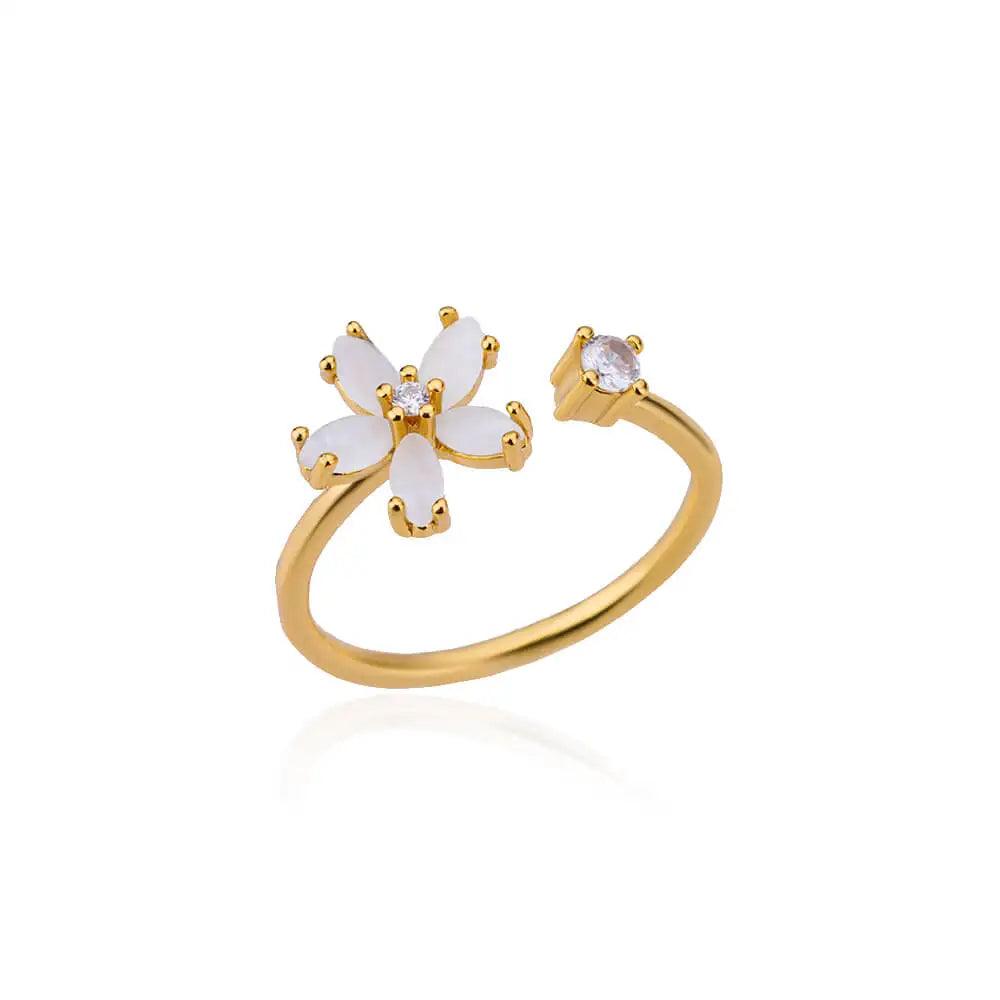 Stainless Steel Opal Flower Ring with Cubic Zirconia