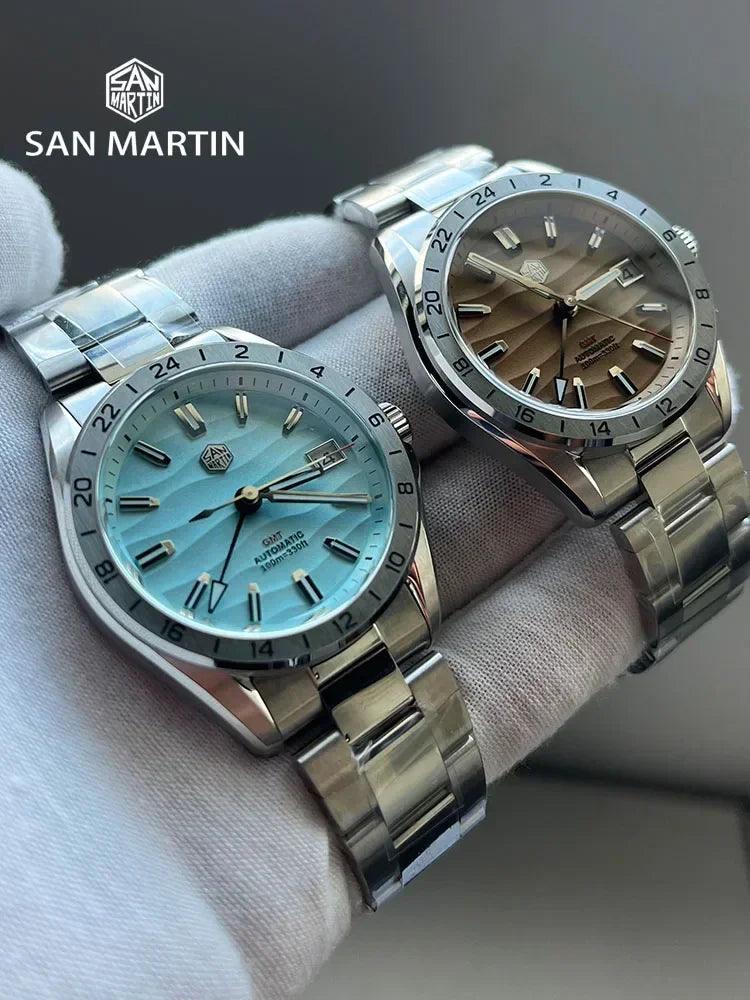 San Martin SN0129 New 39mm Desert Texture Luxury Men Watch NH34 GMT Automatic Mechanical Business Dress Sapphire 10Bar Luminous