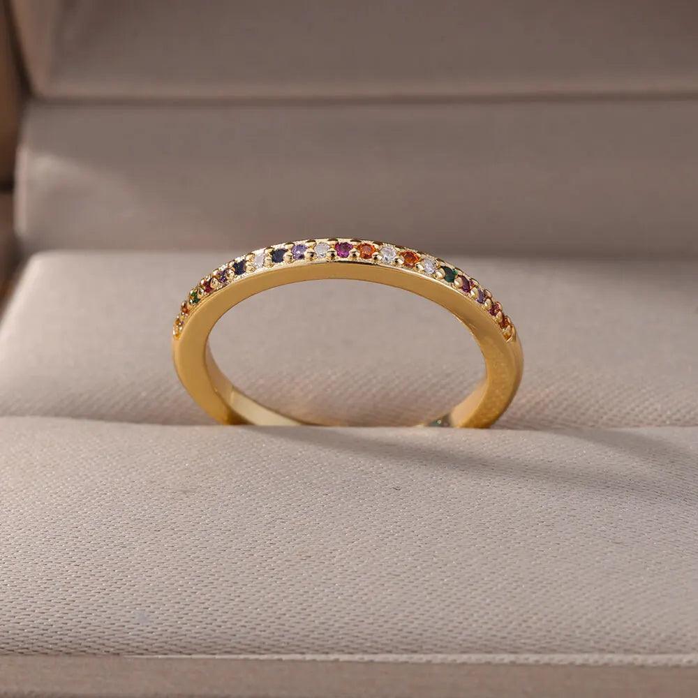 Small Colorful Zircon Rings with Solid Open Band Stainless Steel, Simple Design