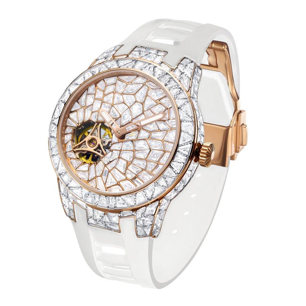 Exclusive Men's Mechanical Watch with Automatic Mechanical Movement and Luminous Crystal Dial Set with Diamonds