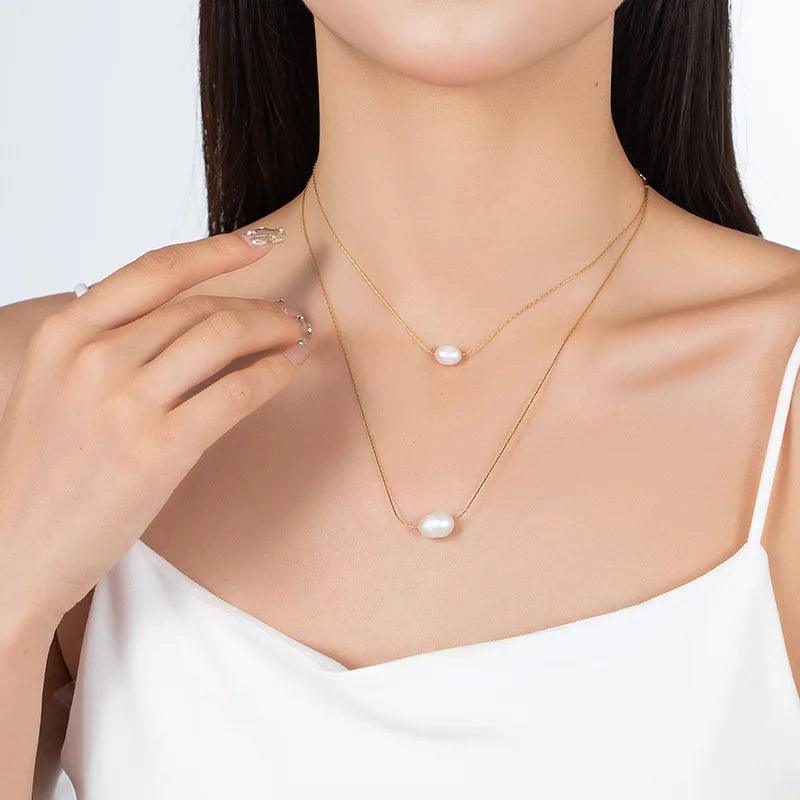 Natural Pearl Necklace with Two Layers Stainless Steel