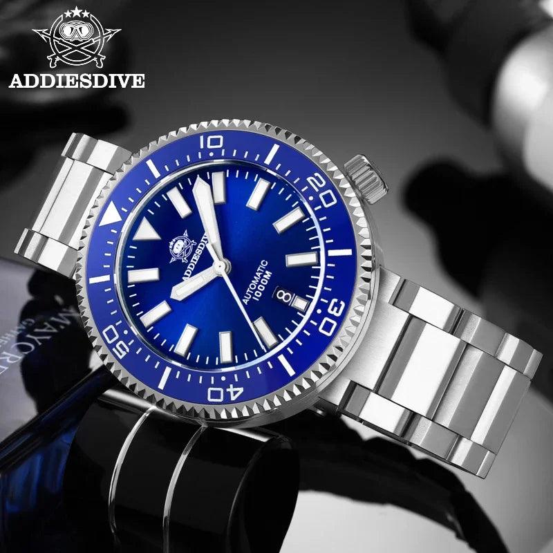 Heavy blue sapphire diving watch with unique round design, water resistant to 1000 meters.