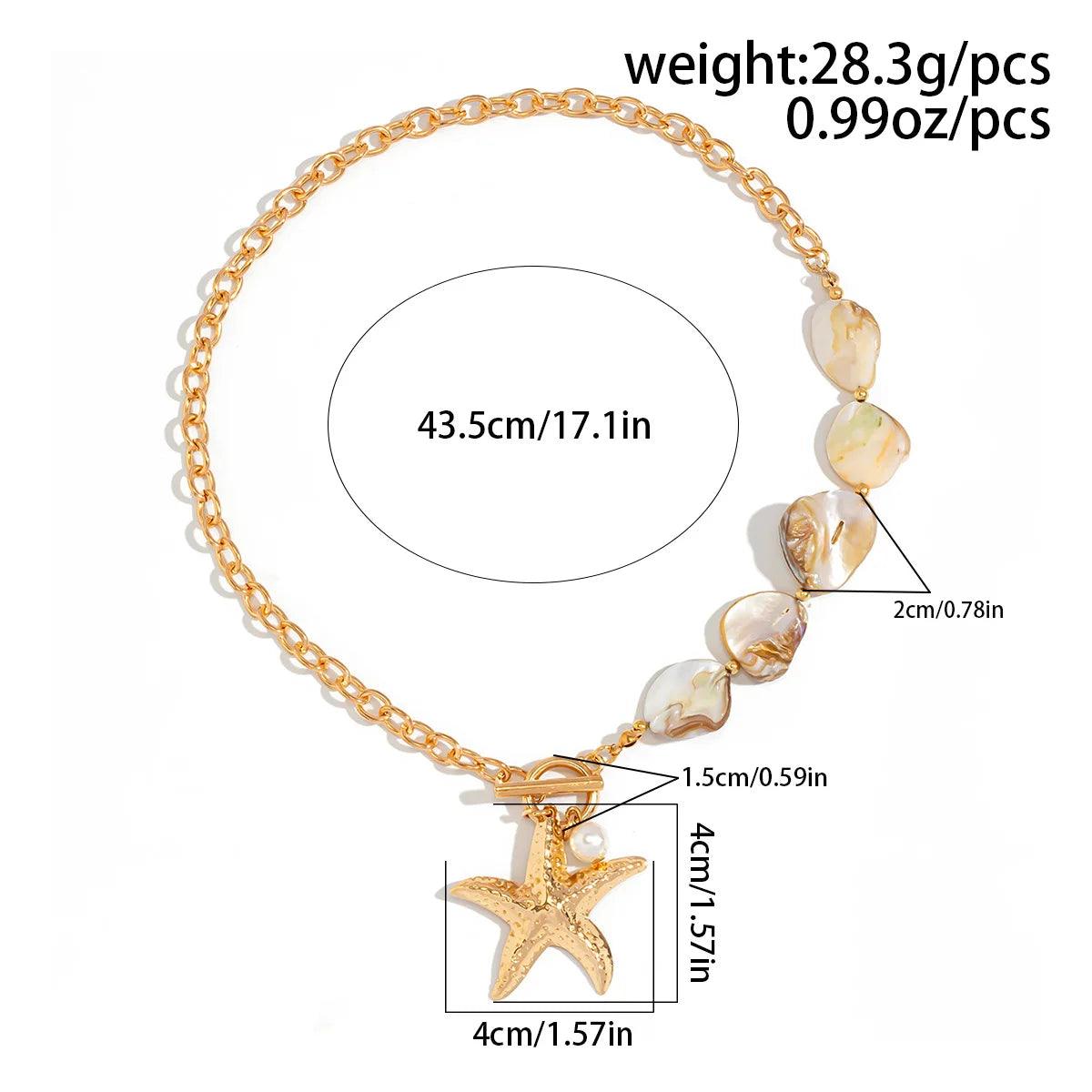 Women's Starfish Shell Beads Beach Necklace Grey Strands with Baroque Imitation Pearl Tassels