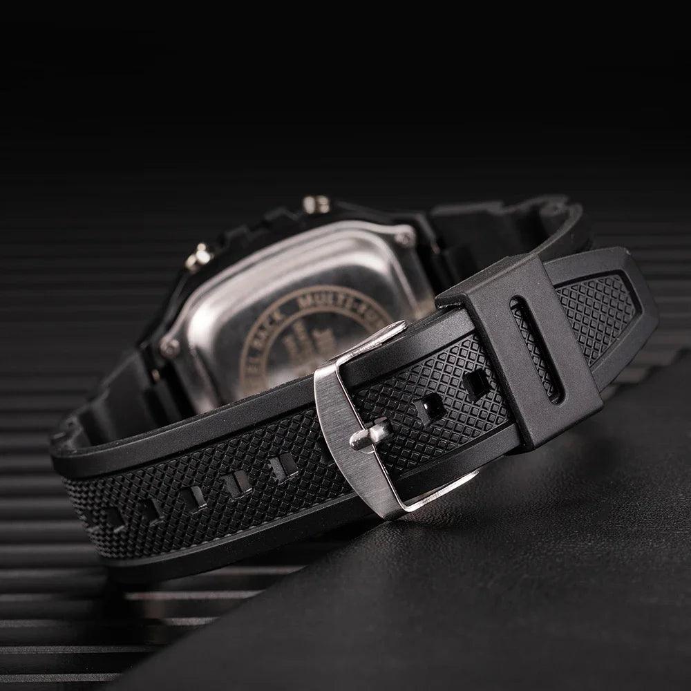 Stylish sporty digital watch with water resistance that displays day and date