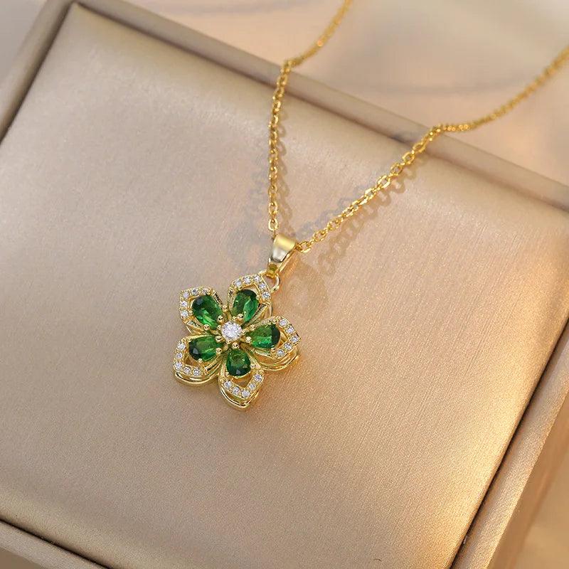 Stainless Steel Romantic Rotatable Flower Zirconia Pendant Necklace