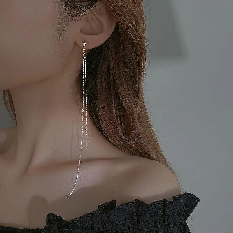 925 Sterling Silver Long Delicate Stud Earrings