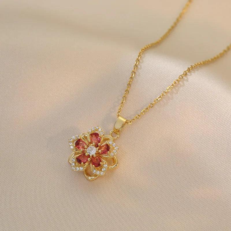 Stainless Steel Romantic Rotatable Flower Zirconia Pendant Necklace