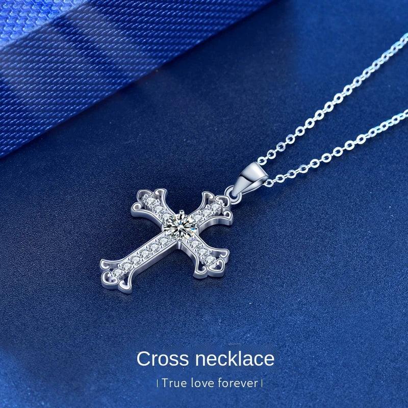 Moissanite Cross Pendant 925 Sterling Silver Necklace