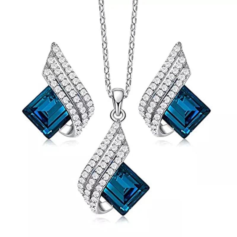 Exclusive 3 Pieces Blue Crystal Angel Wings Necklace and Earrings Set for Womentyle