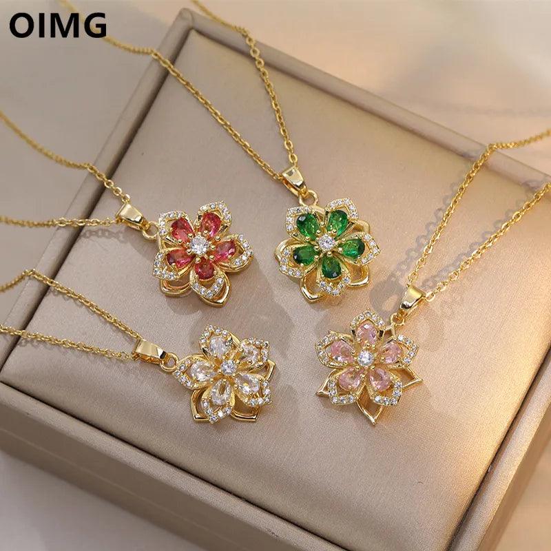 Stainless Steel Romantic Rotatable Flower Zirconia Pendant Necklace