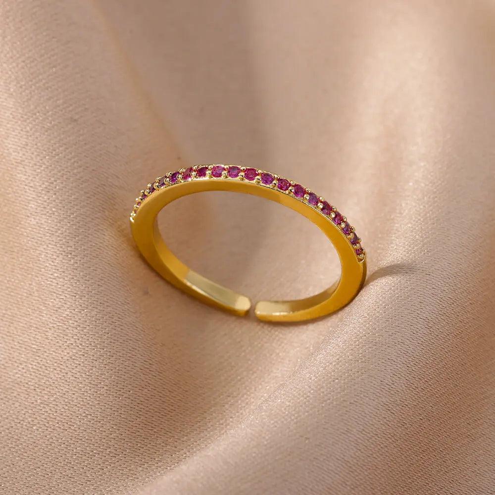 Small Colorful Zircon Rings with Solid Open Band Stainless Steel, Simple Design