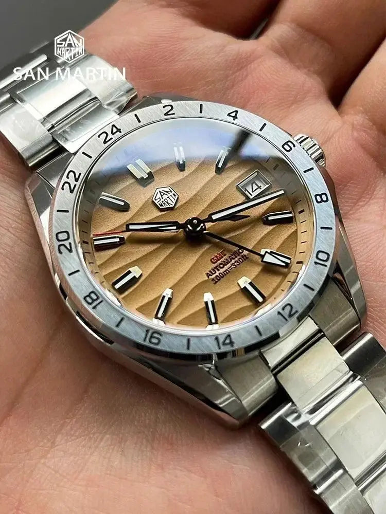 San Martin SN0129 New 39mm Desert Texture Luxury Men Watch NH34 GMT Automatic Mechanical Business Dress Sapphire 10Bar Luminous TETAEA