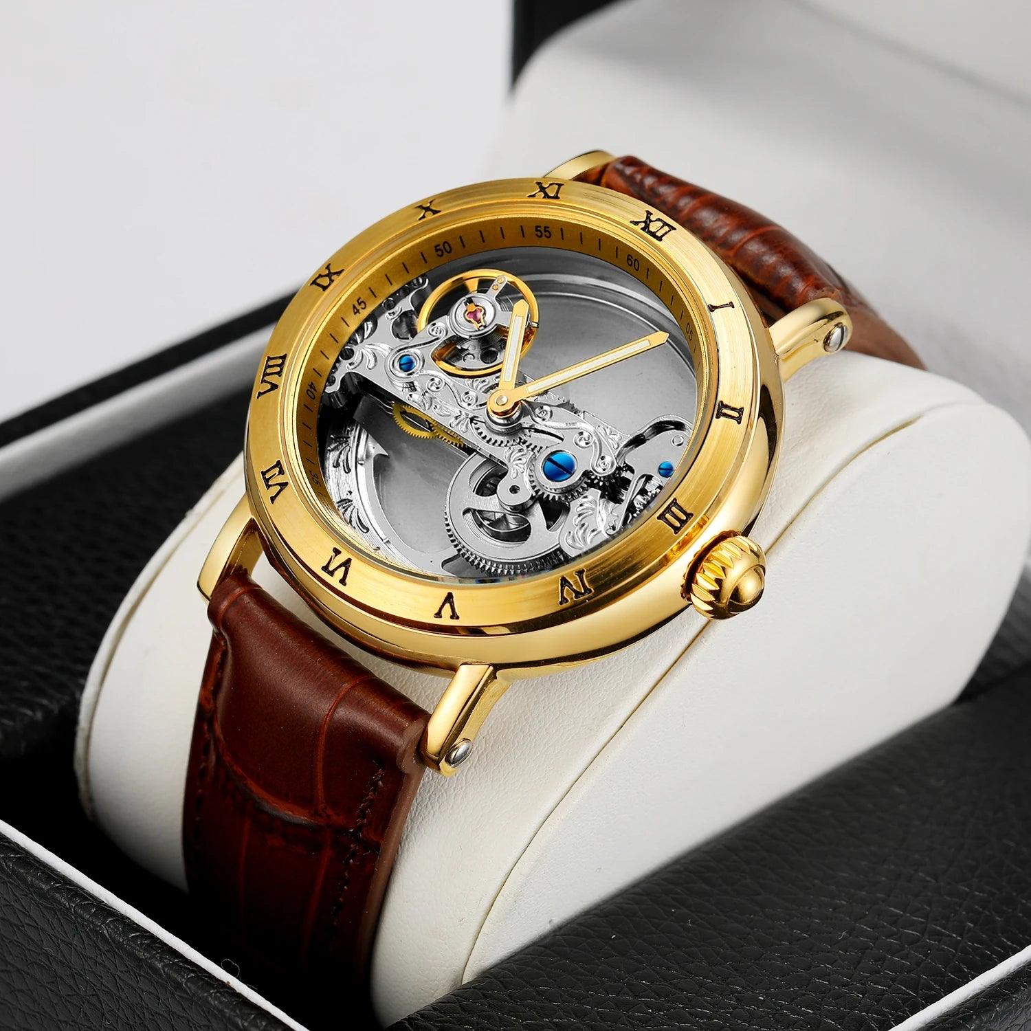 Classic Automatic Mechanical Watches for Men Luxury Genuine Leather Strap Watch Carved Movement Luminous Hands