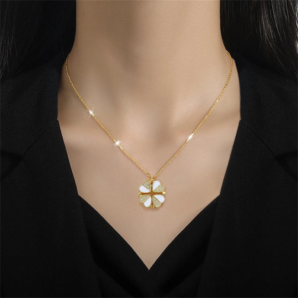 Simple Transform Luxury Four Leaf Clover Pendant Necklace Stainless Steel Crystal Heart