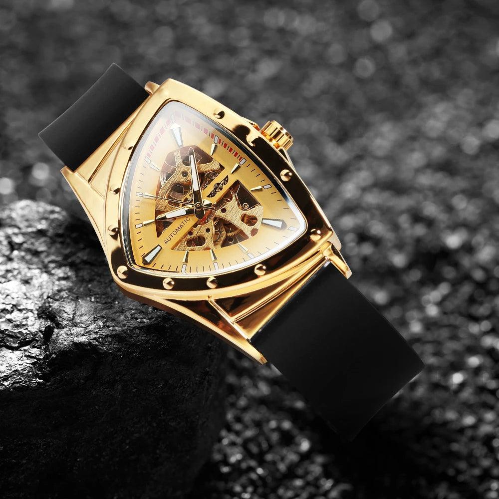 Men's Mechanical Wrist Watches Silica Gel Strap Triangle Skeleton Design Waterproof Luminous