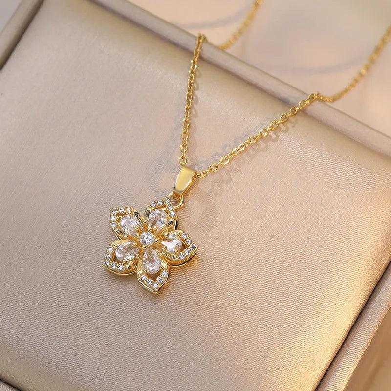 Stainless Steel Romantic Rotatable Flower Zirconia Pendant Necklace