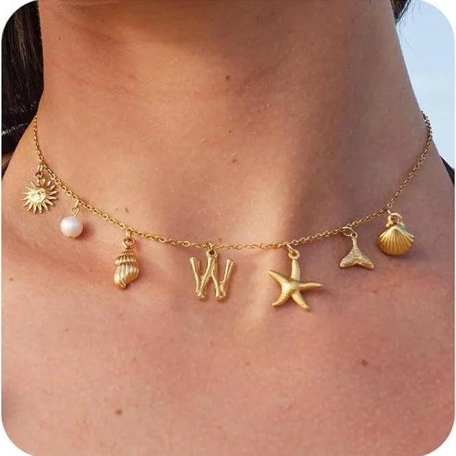 Surfer Girl Necklace Beach Jewelry Initial Necklace for Girlfriend Seashell Letter Choker Women Gift Starfish Pearl Accesorios