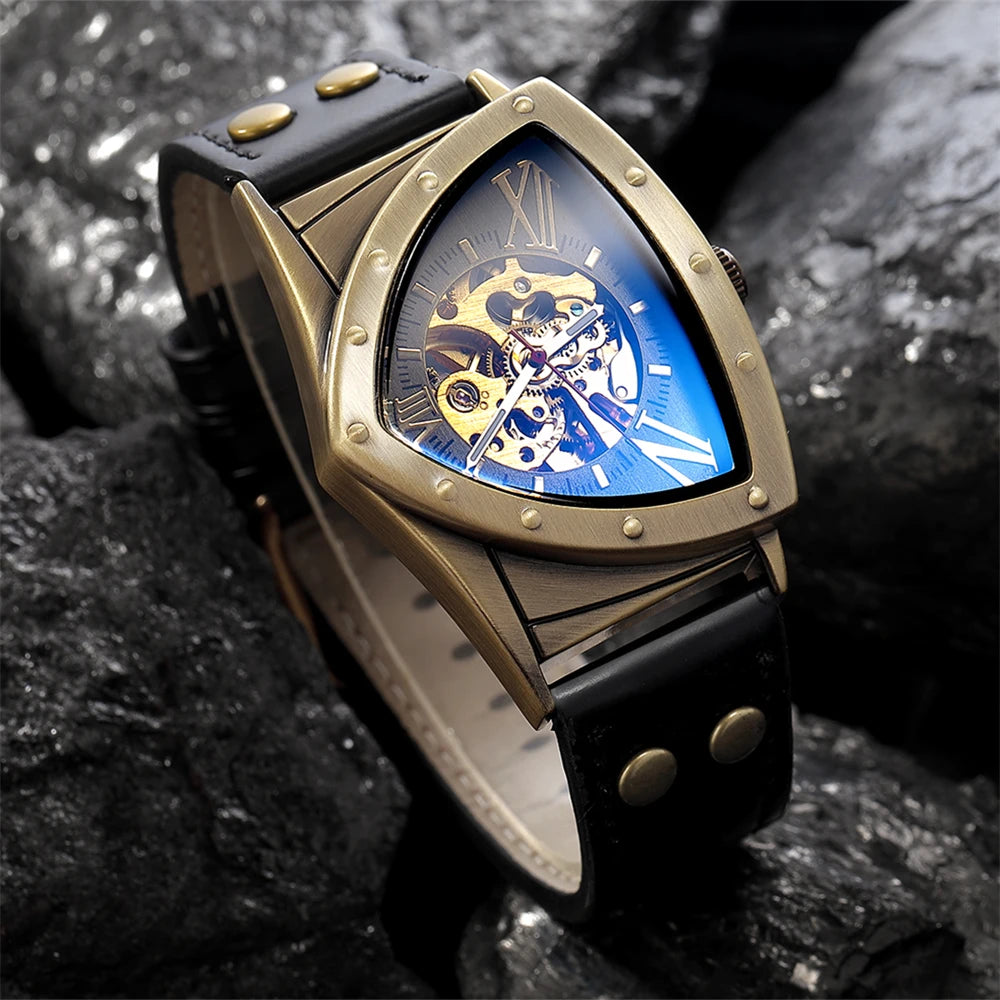 Fashionable personalized hollow triangular dial antique copper luminous retro punk automatic mechanical men's watch.