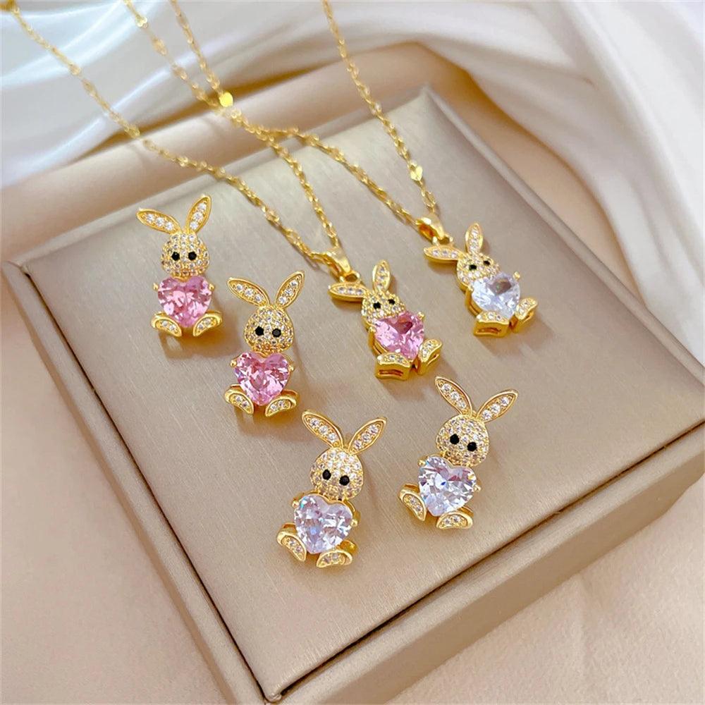 Exclusive Luxury Cute Rabbit Earrings & Necklace For Rich People Made Of Stainless Steel