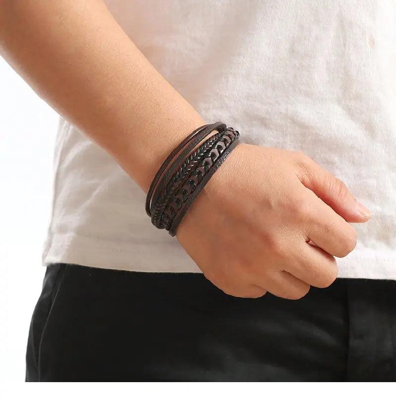 Men's Fashion Multilayer Leather Bracelet with Magnetic Clasp and Braided Rope Classic Stylish Design