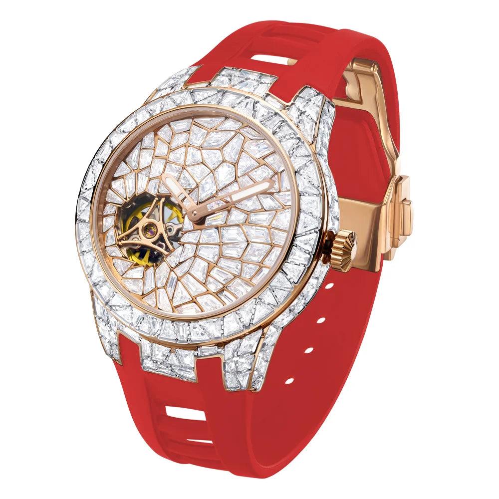 Exclusive Men's Mechanical Watch with Automatic Mechanical Movement and Luminous Crystal Dial Set with Diamonds