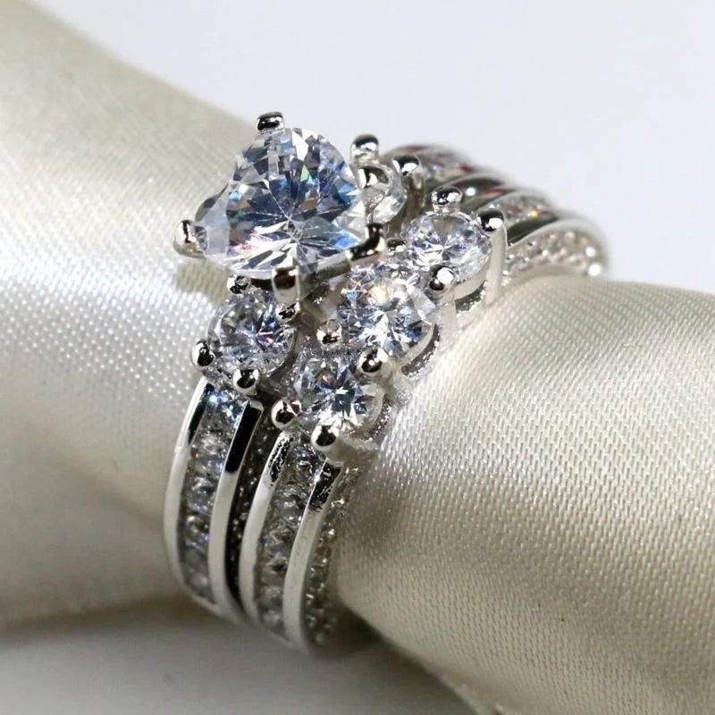 2pcs Men & Women Fashion Couple Rings Heart Rhinestones Zirconia Trendy Stainless Steel Ring Wedding