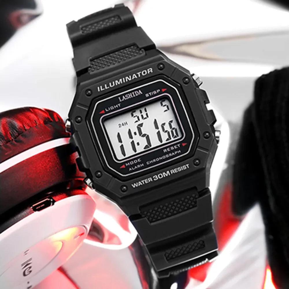 Stylish sporty digital watch with water resistance that displays day and date