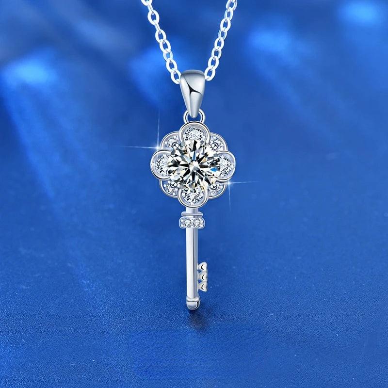 925 Sterling Silver Key Necklace Female 1 Carat Moissanite Diamond Clavicle Pendant