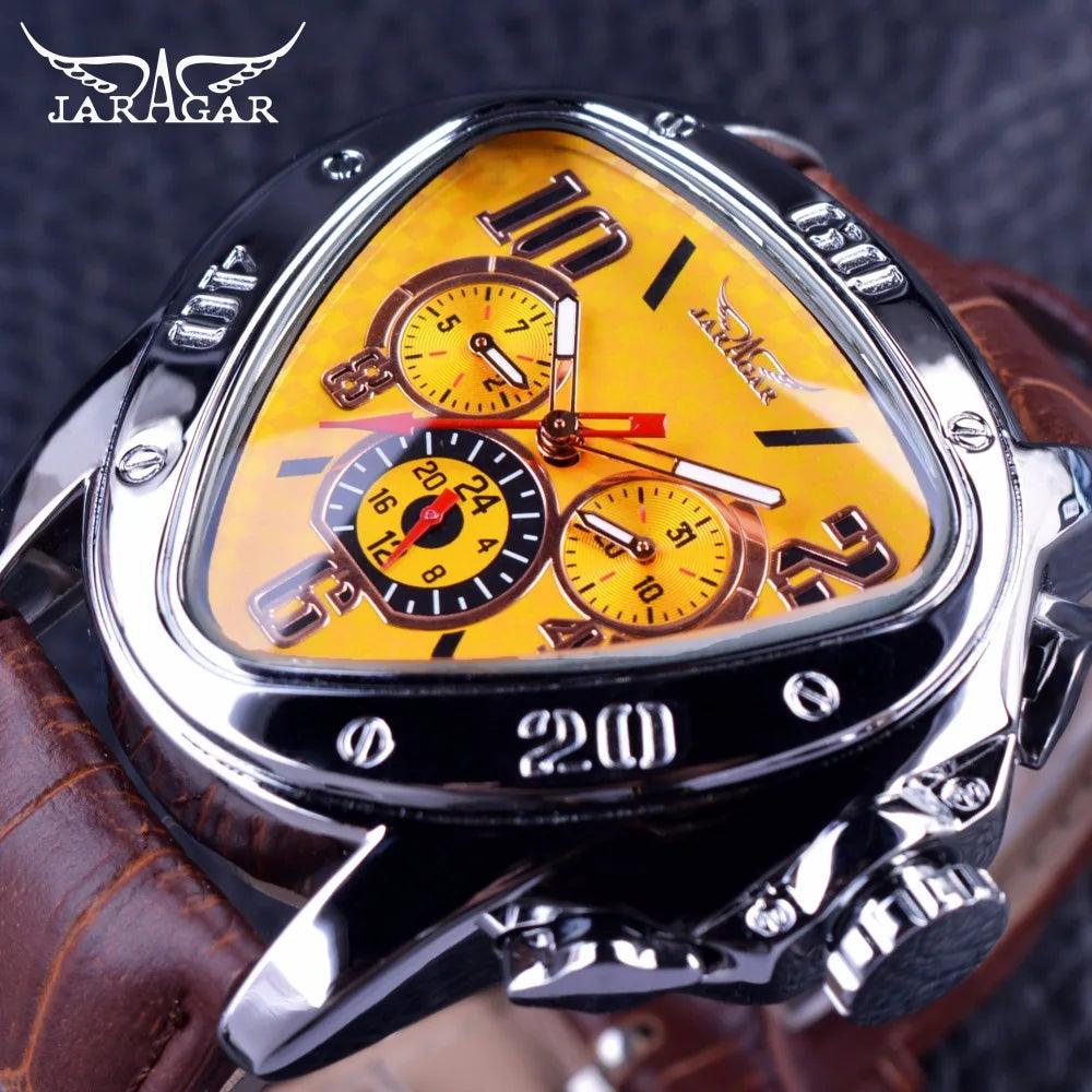 First class mechanical watch in triangle shape with three needles leather strap