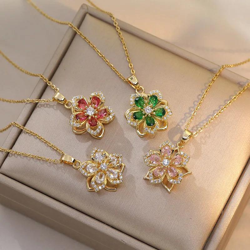 Stainless Steel Romantic Rotatable Flower Zirconia Pendant Necklace