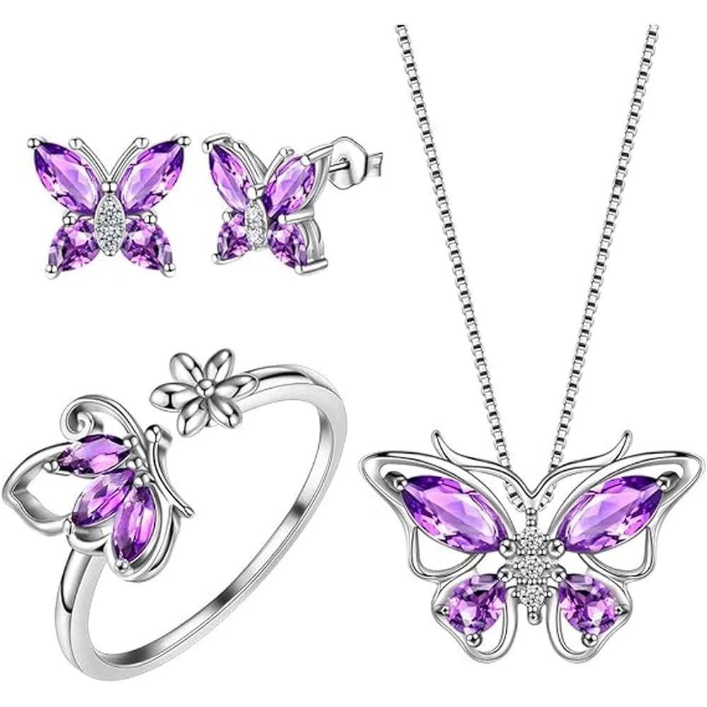 Butterfly Jewelry Set Pendant Necklace+Earrings