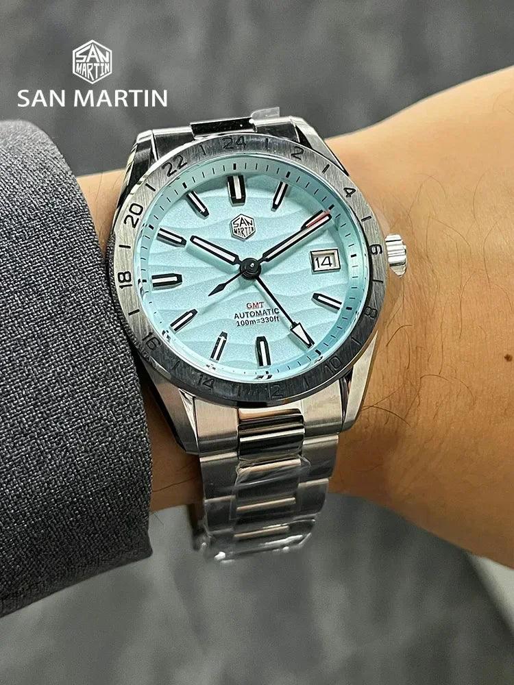 San Martin SN0129 New 39mm Desert Texture Luxury Men Watch NH34 GMT Automatic Mechanical Business Dress Sapphire 10Bar Luminous