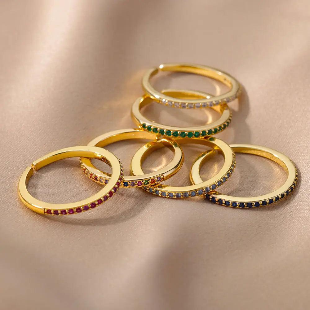 Small Colorful Zircon Rings with Solid Open Band Stainless Steel, Simple Design