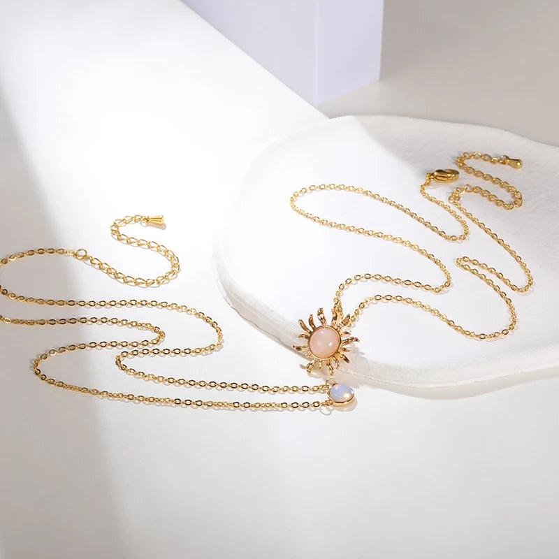 Skinny Luxury Pink Sun Necklaces For Women Style Double Stainless Steel Chain