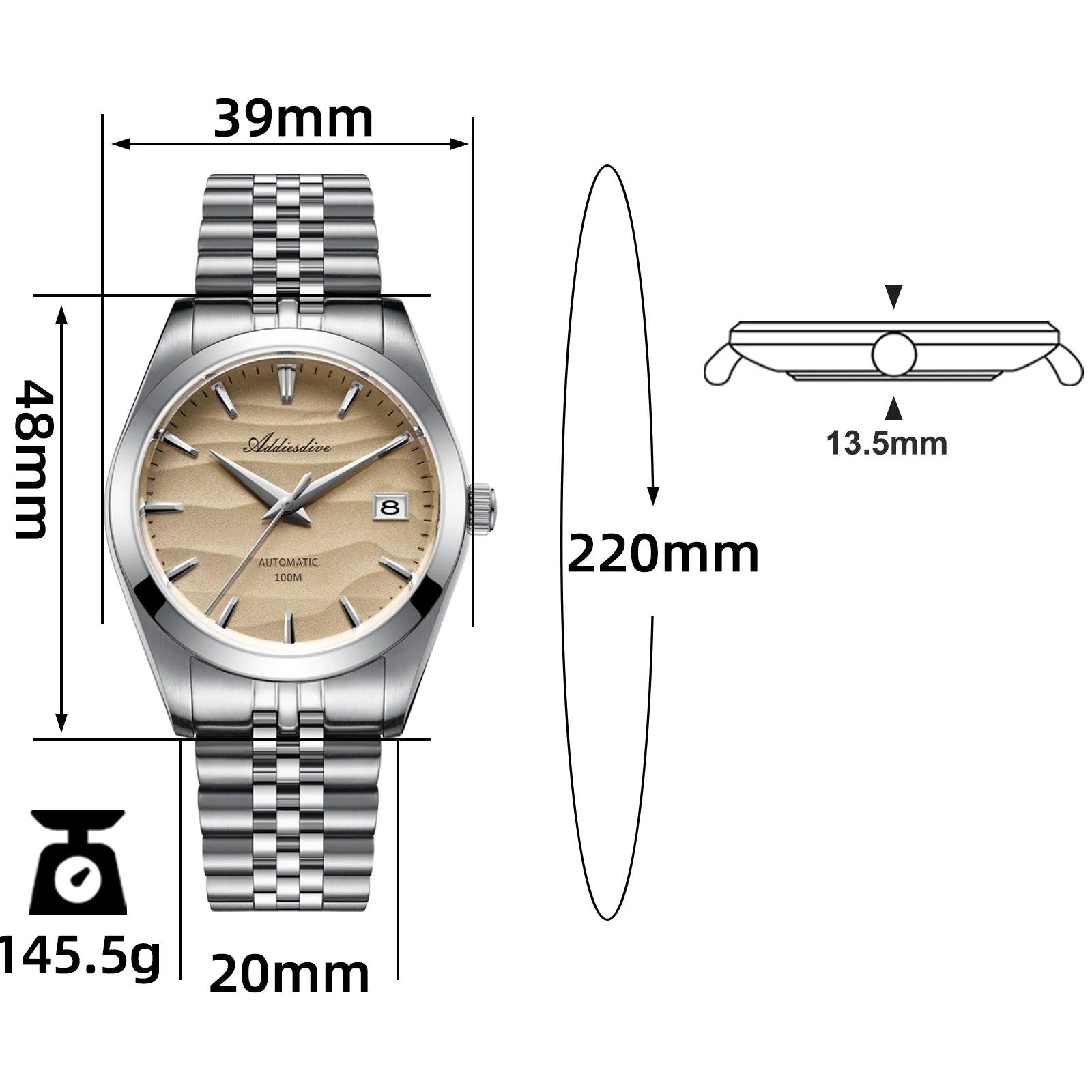 Men's Automatic Mechanical Watch with Sand Dial for Diving 100m Stainless Steel Watch with Sapphire Glass (Desert Watch)