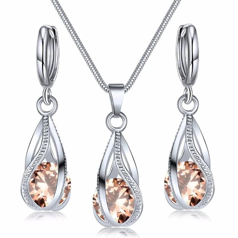 Pendant Necklace & Earrings Set - Glittering Zircon Crystal Jewelry