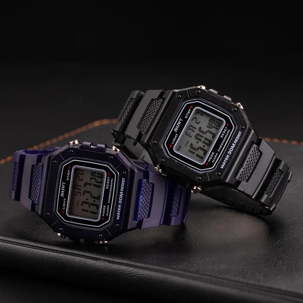 Stylish sporty digital watch with water resistance that displays day and date