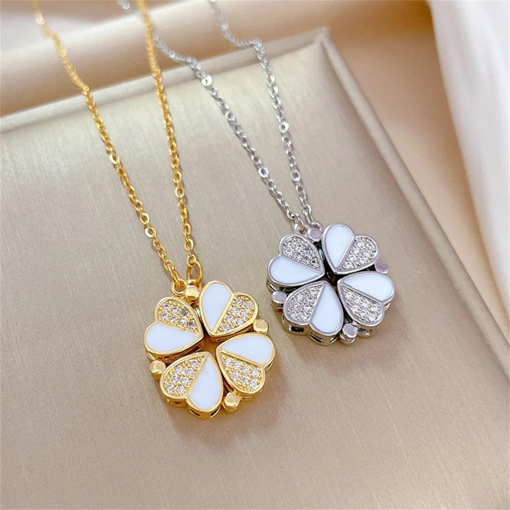 Simple Transform Luxury Four Leaf Clover Pendant Necklace Stainless Steel Crystal Heart