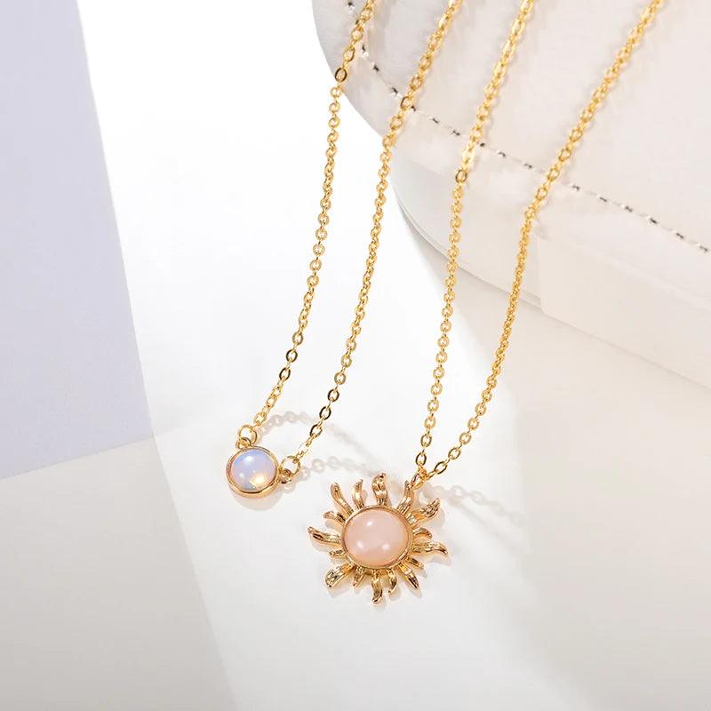 Skinny Luxury Pink Sun Necklaces For Women Style Double Stainless Steel Chain