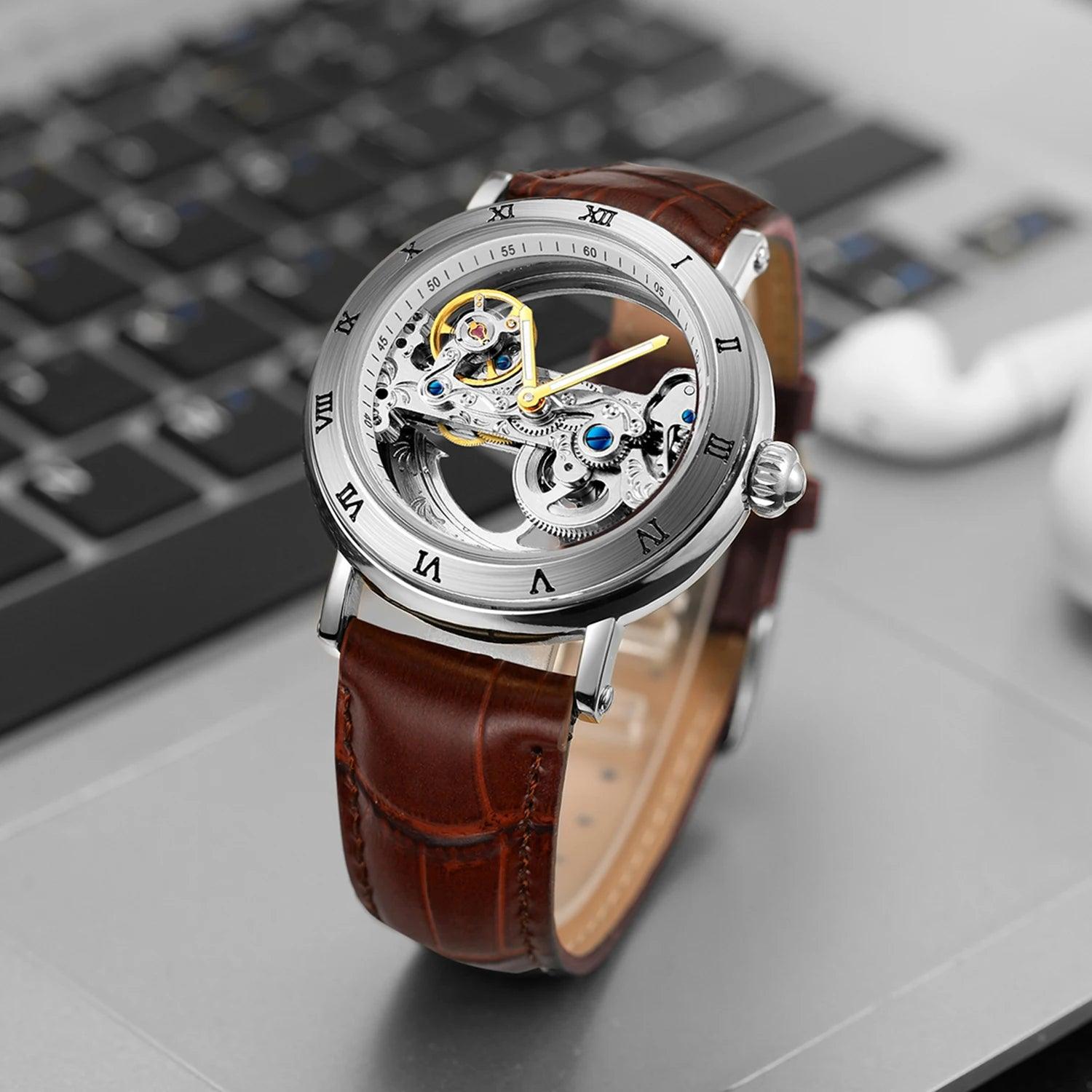 Classic Automatic Mechanical Watches for Men Luxury Genuine Leather Strap Watch Carved Movement Luminous Hands