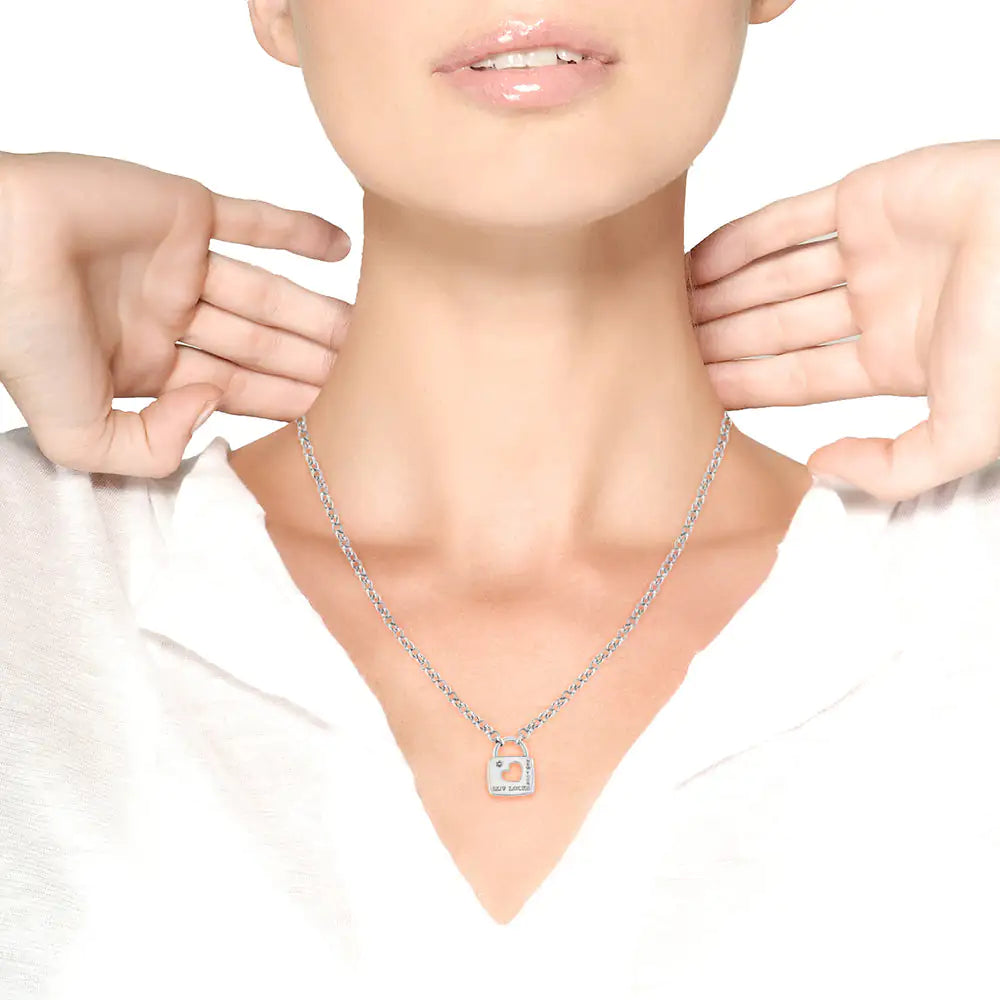 .925 Sterling Silver Diamond Accent Open Heart Love Lock Pendant 18" Necklace (I2-I3 Clarity, H-I Color) TETAEA