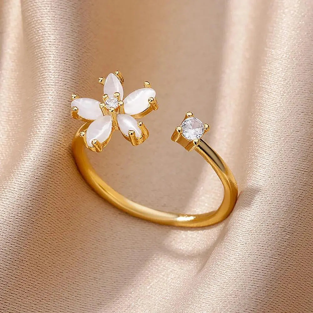 Stainless Steel Opal Flower Ring with Cubic Zirconia TETAEA
