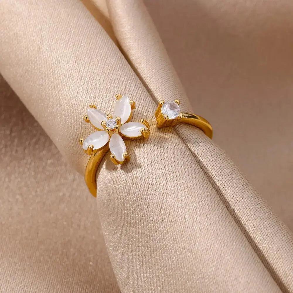 Stainless Steel Opal Flower Ring with Cubic Zirconia TETAEA