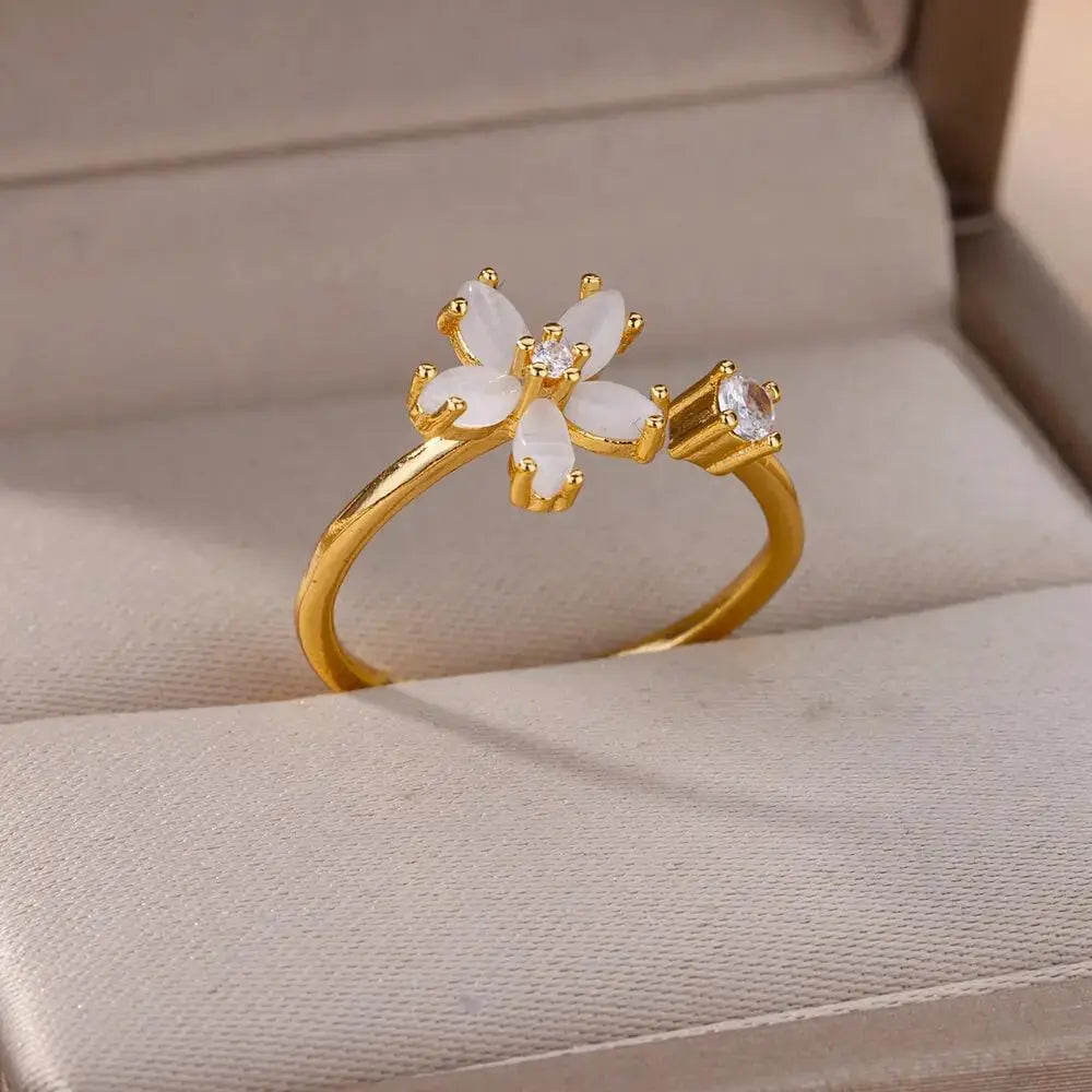 Stainless Steel Opal Flower Ring with Cubic Zirconia TETAEA