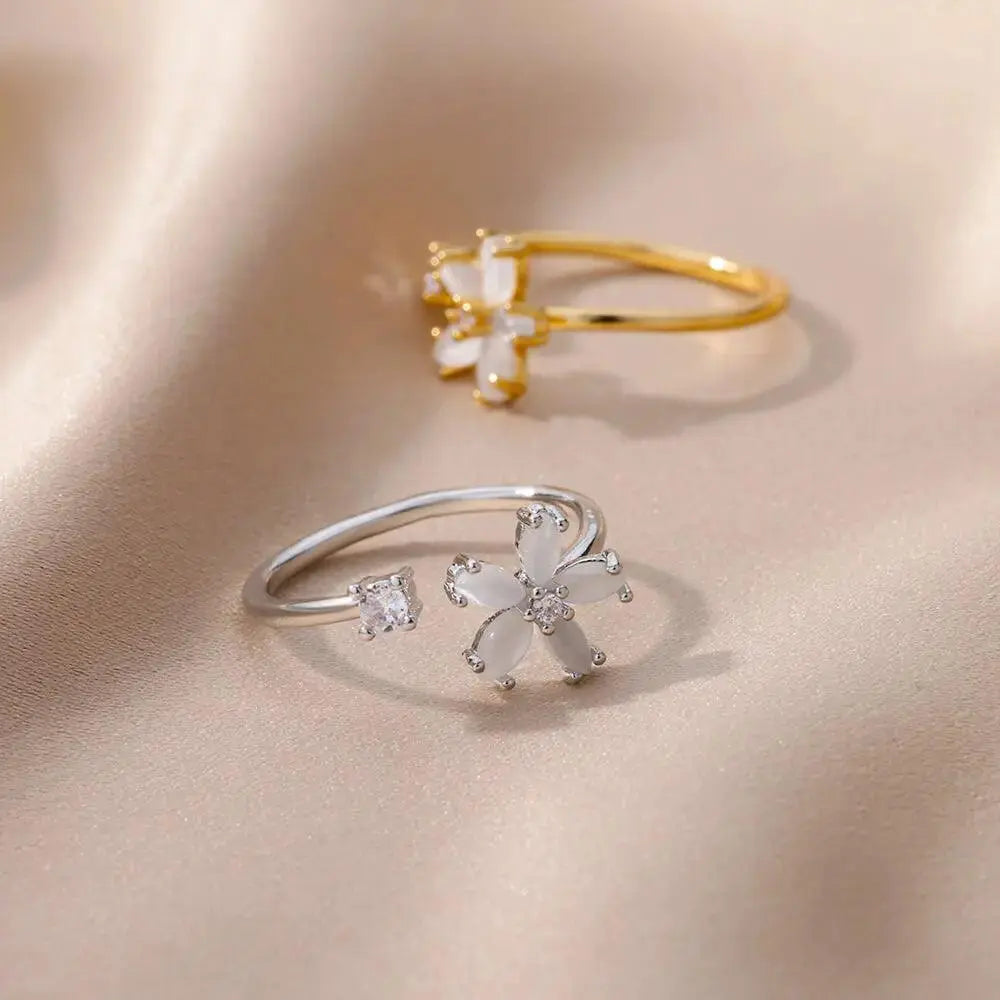 Stainless Steel Opal Flower Ring with Cubic Zirconia TETAEA