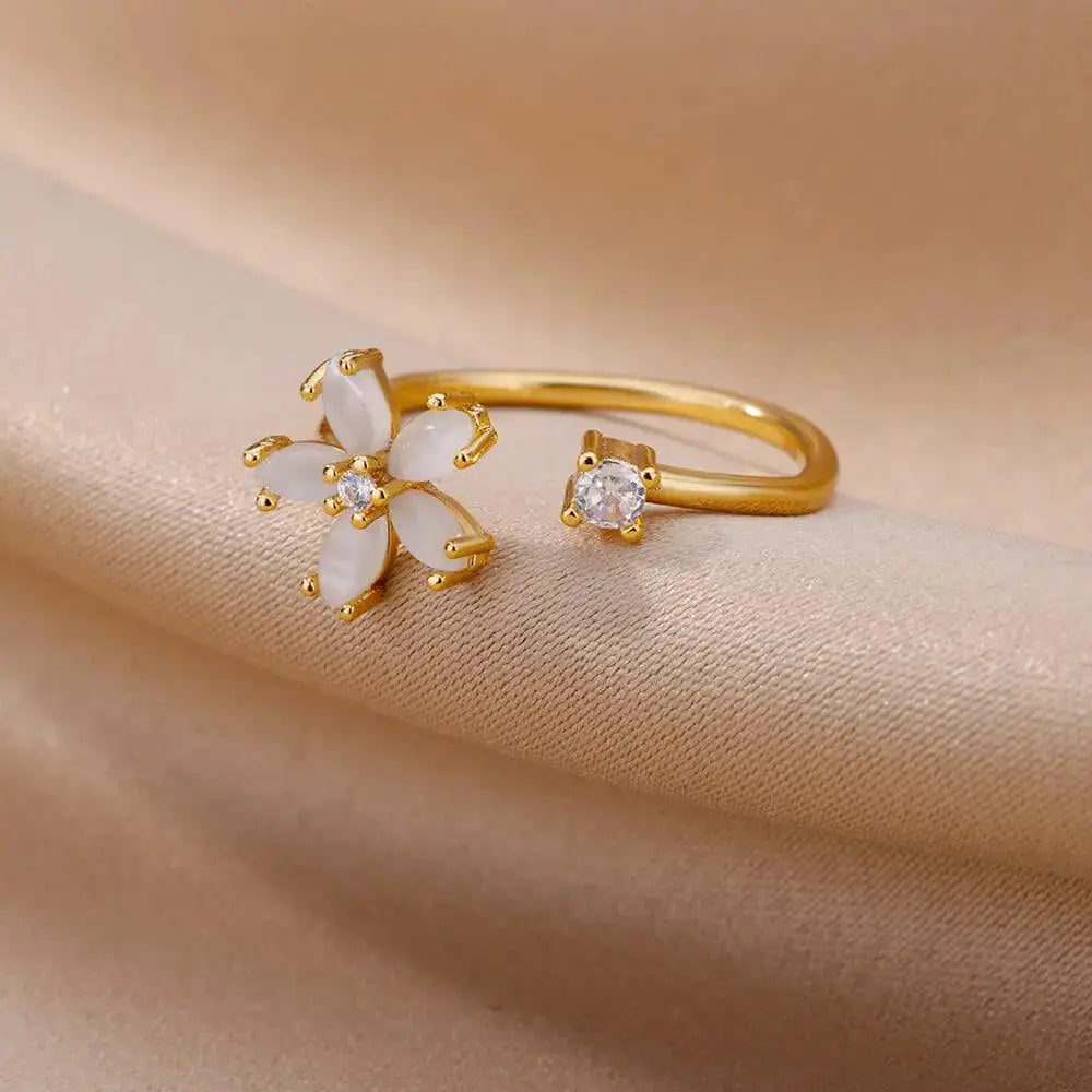 Stainless Steel Opal Flower Ring with Cubic Zirconia TETAEA