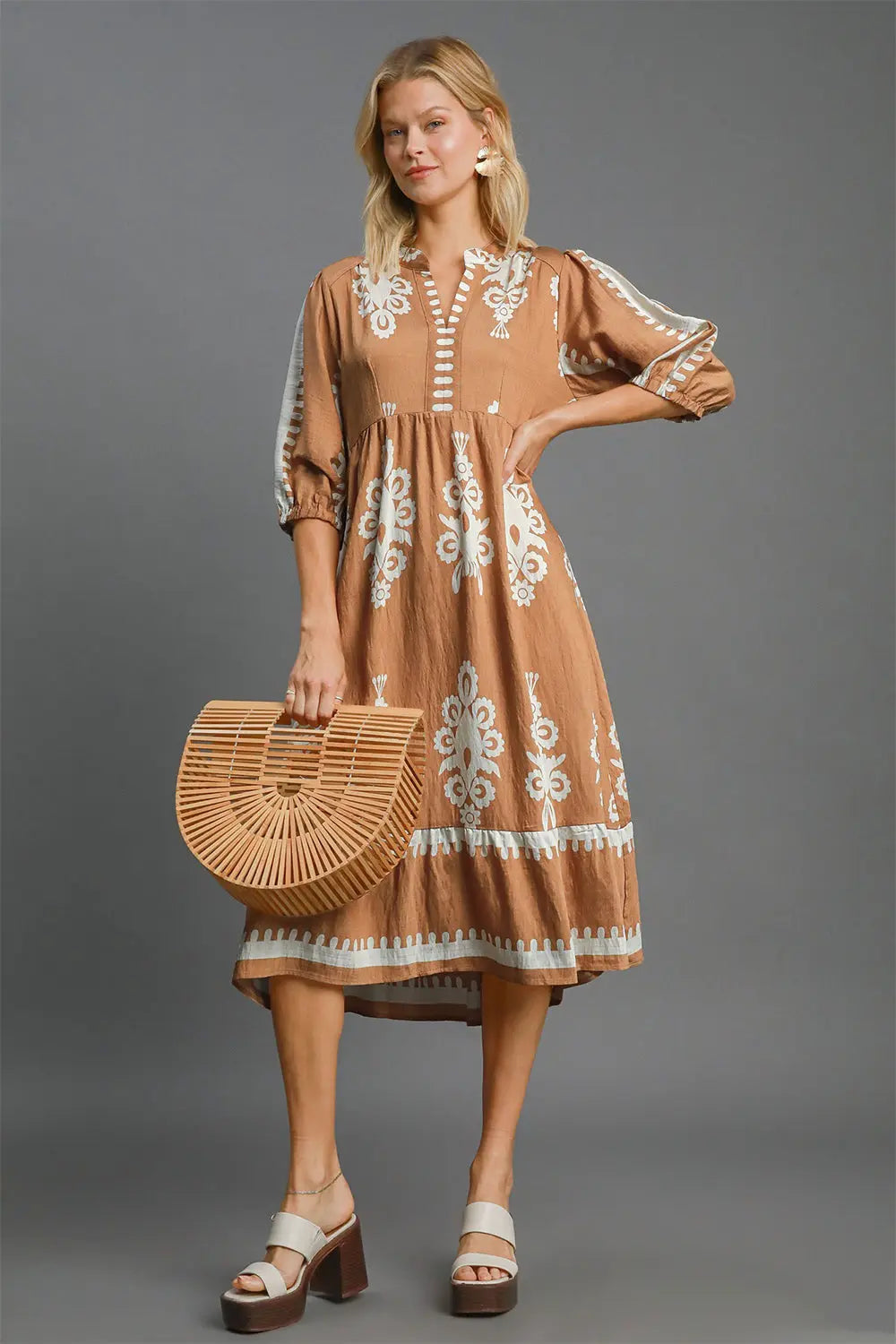Umgee Full Size Printed Notched Midi Dress Trendsi